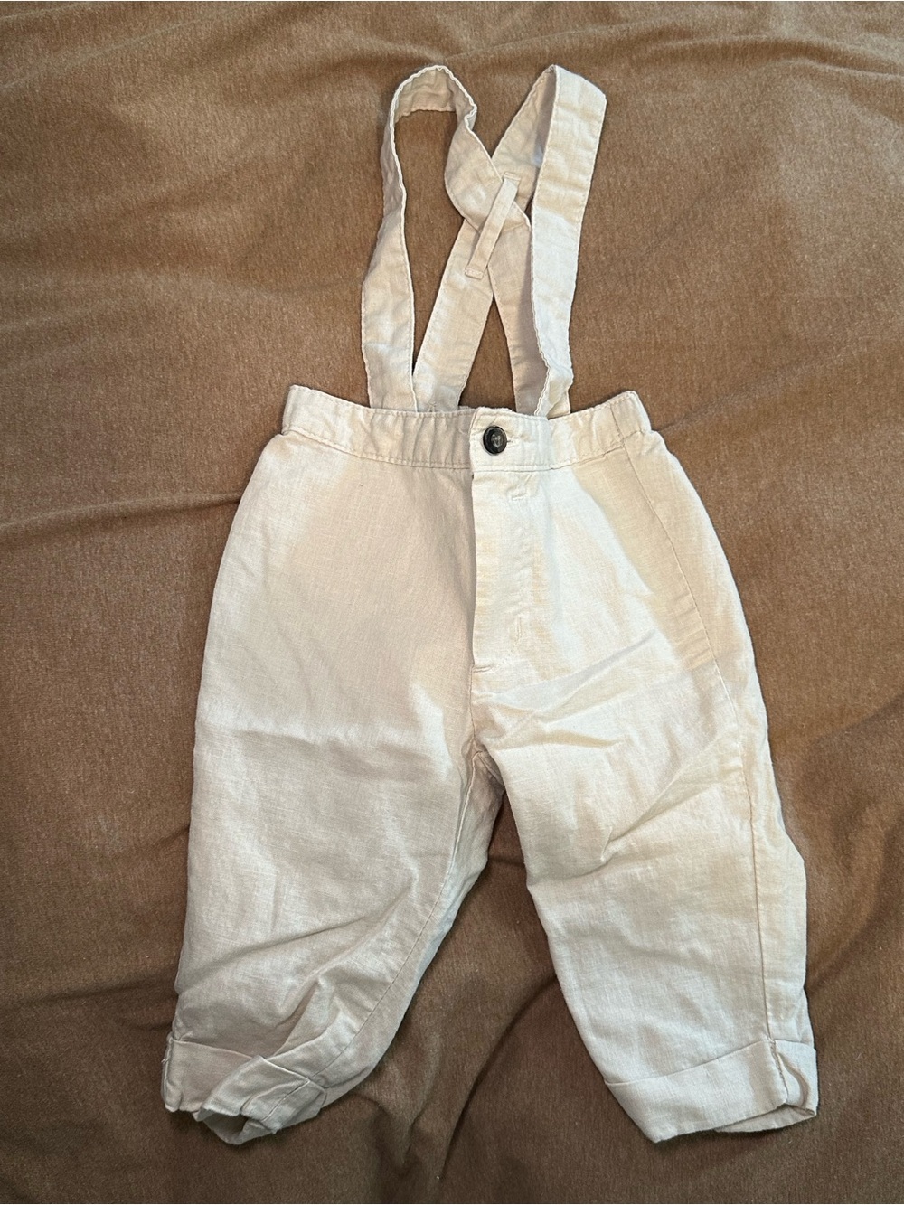 Janie and Jack Cream Linen-Blend Suspender Pants